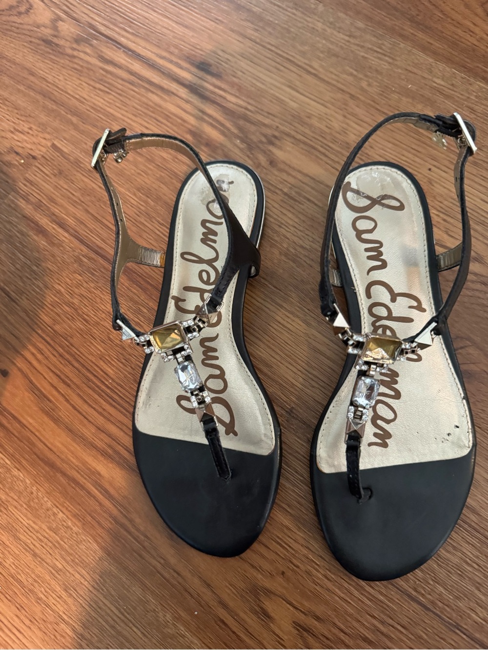 Sam Edelman Black Jeweled T-Strap Sandals with Gold Accents